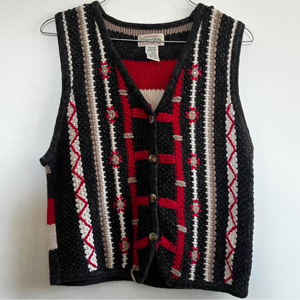 Black and Red Patterned button up Sweater Vest